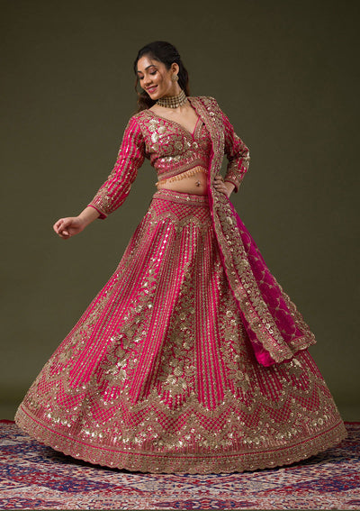 Rani Pink Zariwork Raw Silk Readymade Lehenga-Koskii