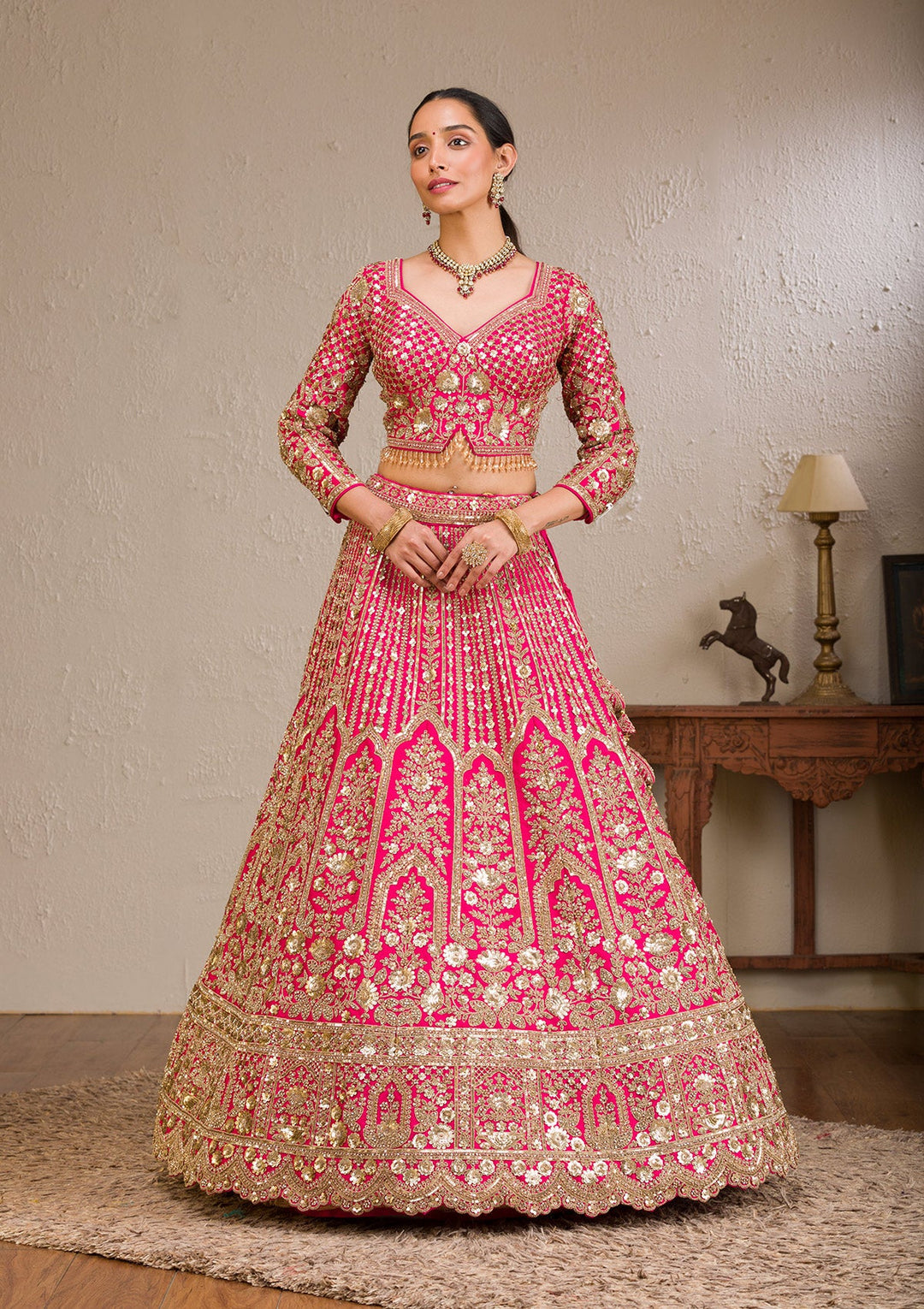 Rani Pink Zariwork Raw Silk Readymade Lehenga-Koskii