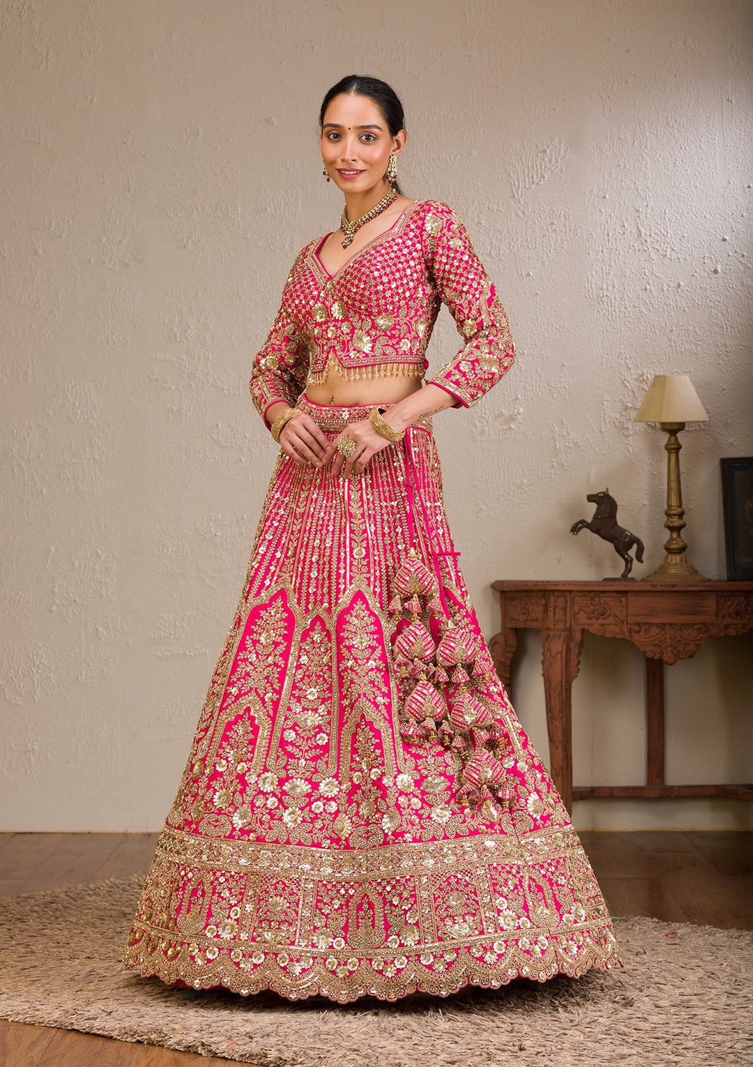 Rani Pink Zariwork Raw Silk Readymade Lehenga-Koskii