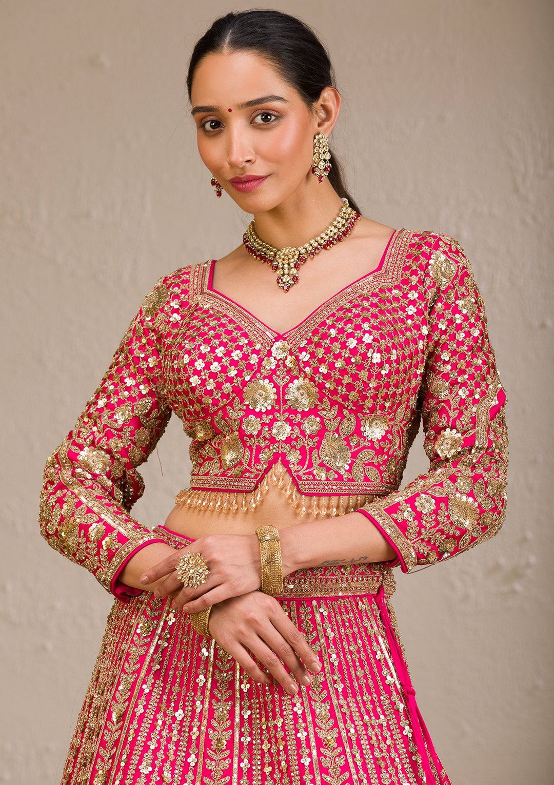 Rani Pink Zariwork Raw Silk Readymade Lehenga-Koskii