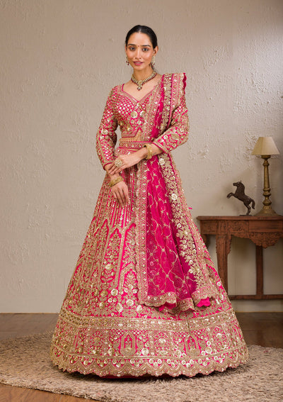 Rani Pink Zariwork Raw Silk Readymade Lehenga-Koskii