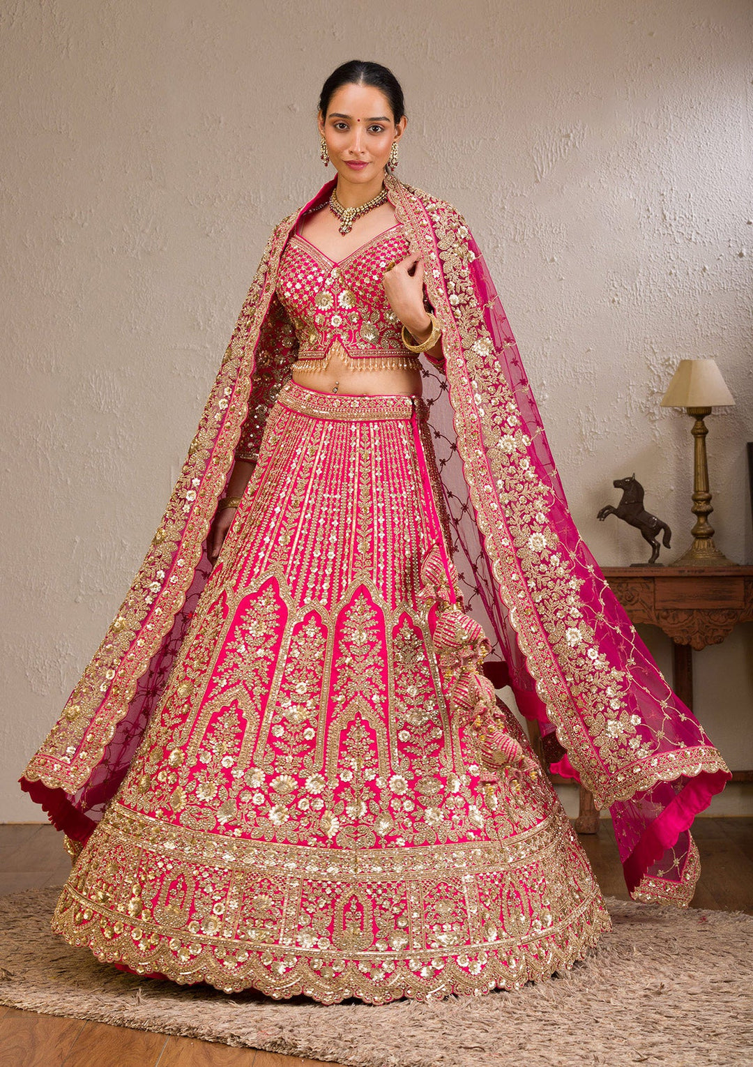 Rani Pink Zariwork Raw Silk Readymade Lehenga-Koskii