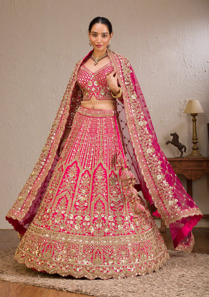 Rani Pink Zariwork Raw Silk Readymade Lehenga-Koskii