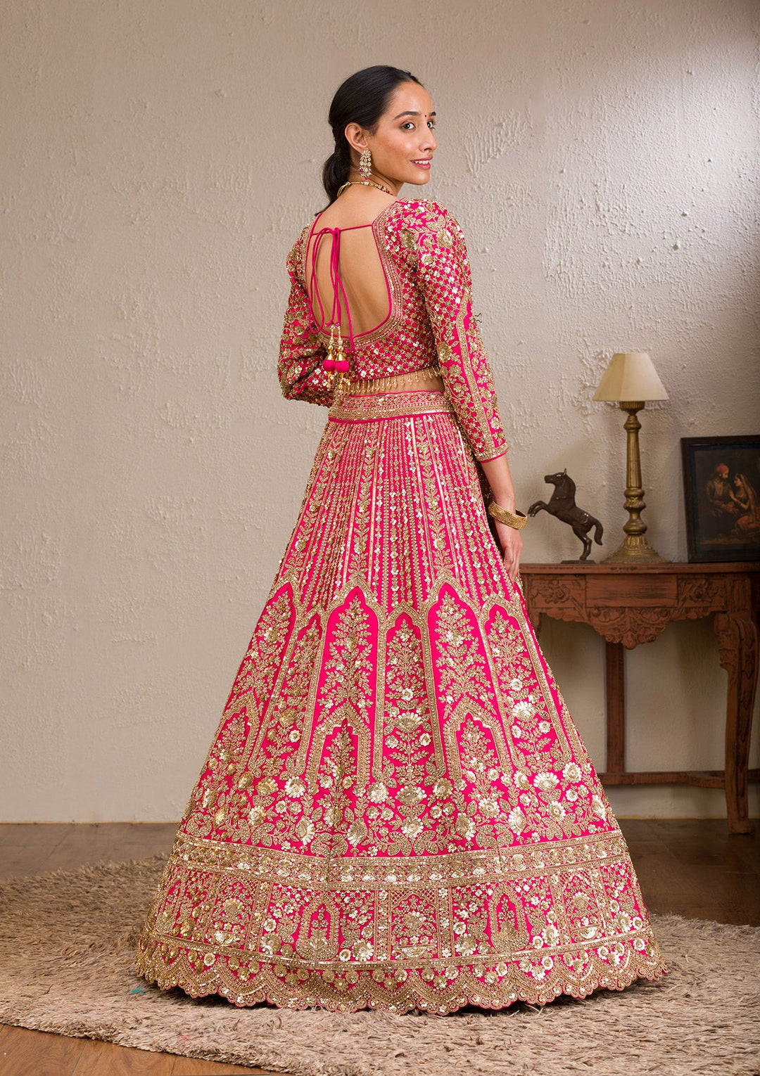Rani Pink Zariwork Raw Silk Readymade Lehenga-Koskii