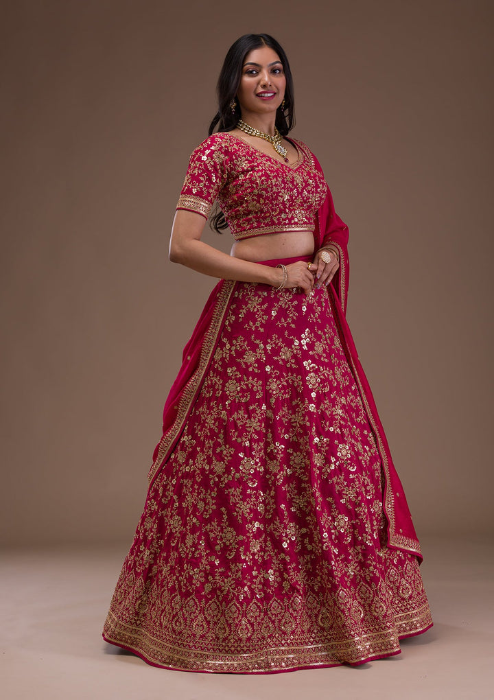 Rani Pink Zariwork Raw Silk Readymade Lehenga-Koskii