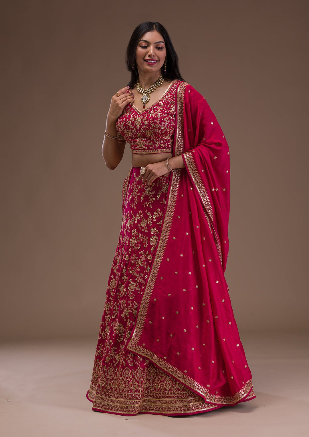 Rani Pink Zariwork Raw Silk Readymade Lehenga-Koskii