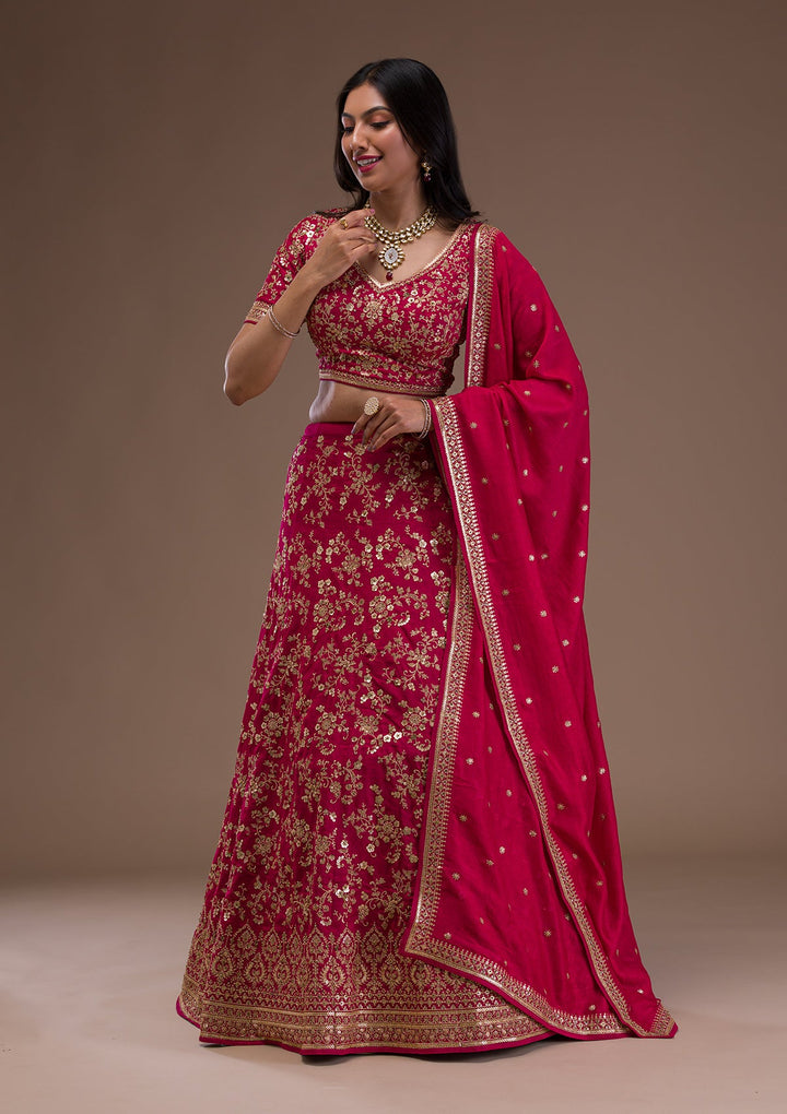 Rani Pink Zariwork Raw Silk Readymade Lehenga-Koskii