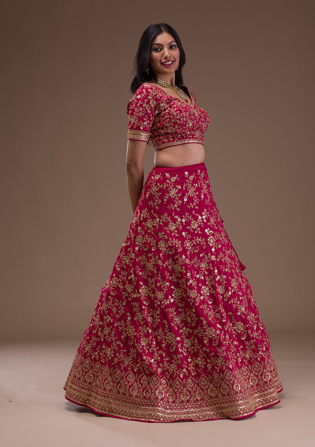 Rani Pink Zariwork Raw Silk Readymade Lehenga-Koskii