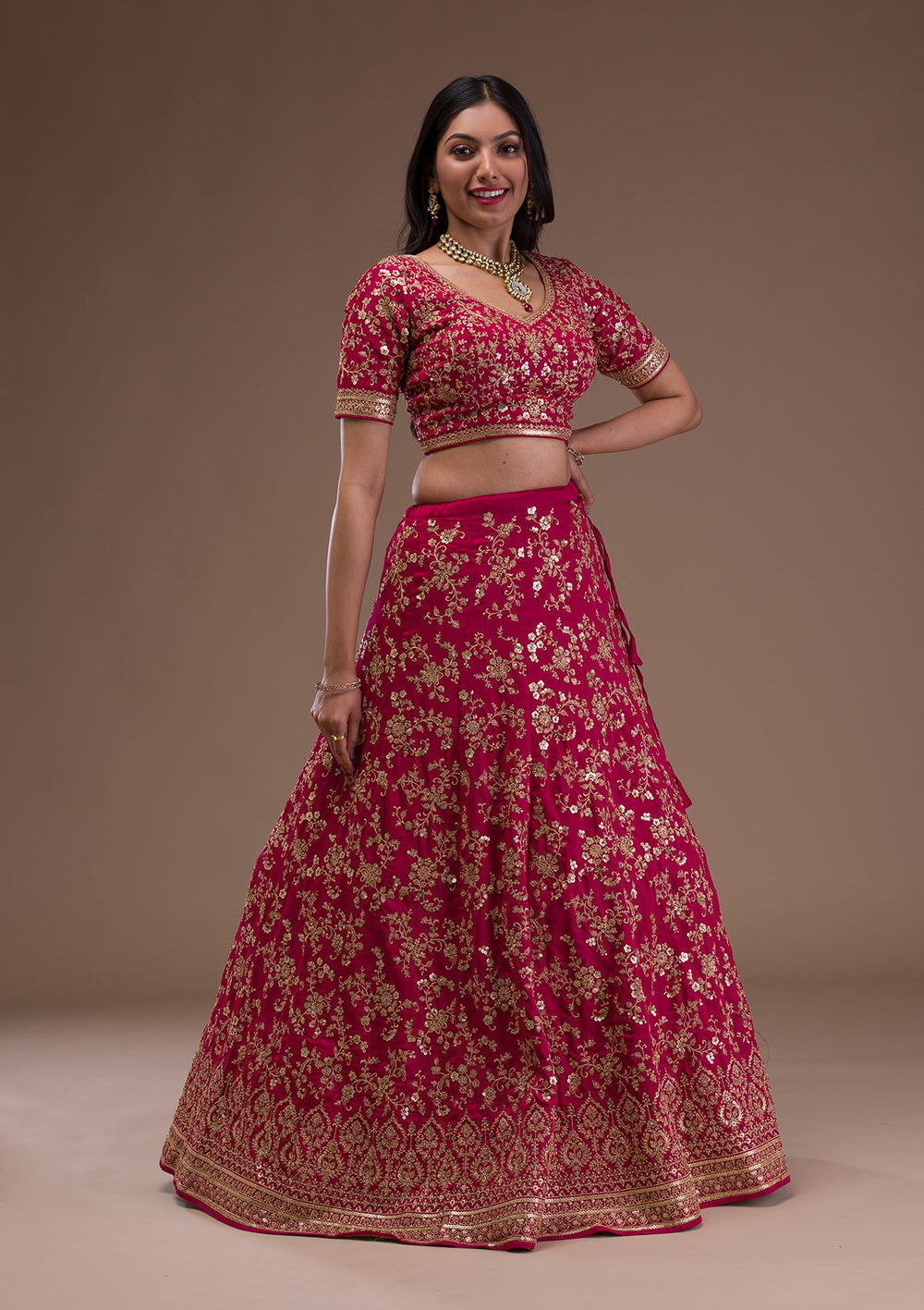 Rani Pink Zariwork Raw Silk Readymade Lehenga-Koskii