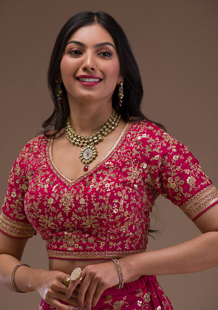 Rani Pink Zariwork Raw Silk Readymade Lehenga-Koskii