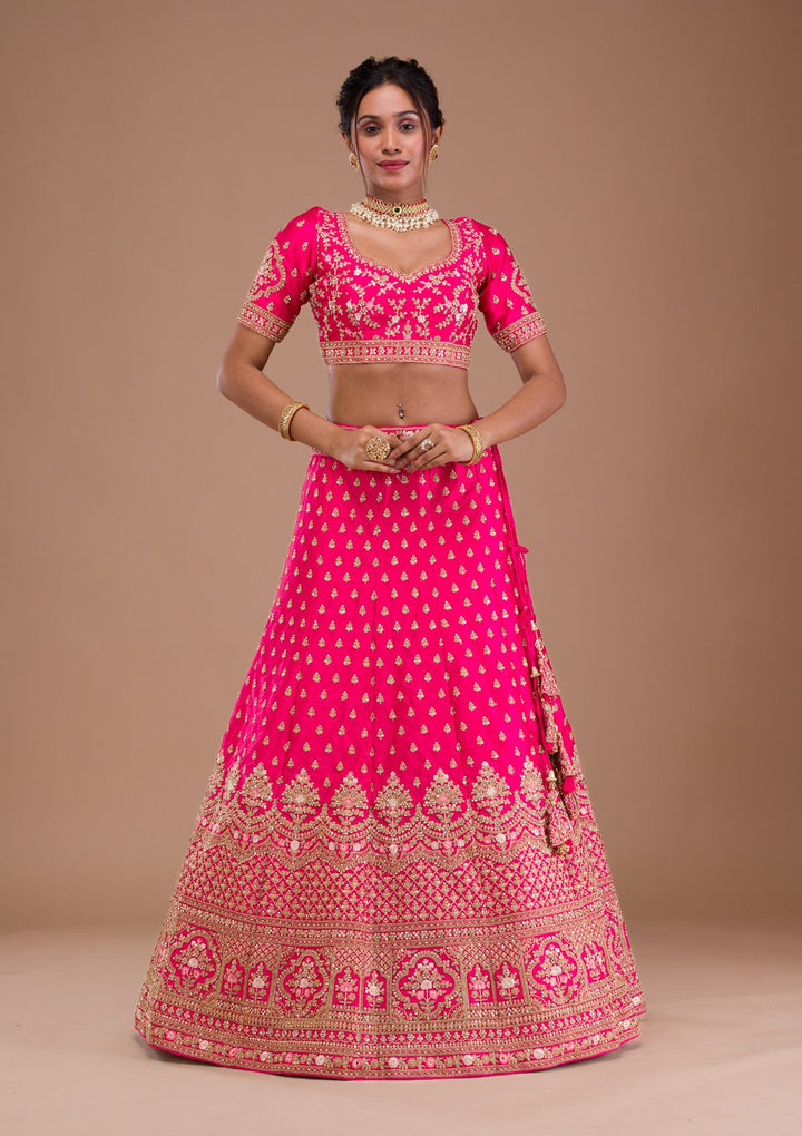 Rani Pink Zariwork Raw Silk Readymade Lehenga-Koskii