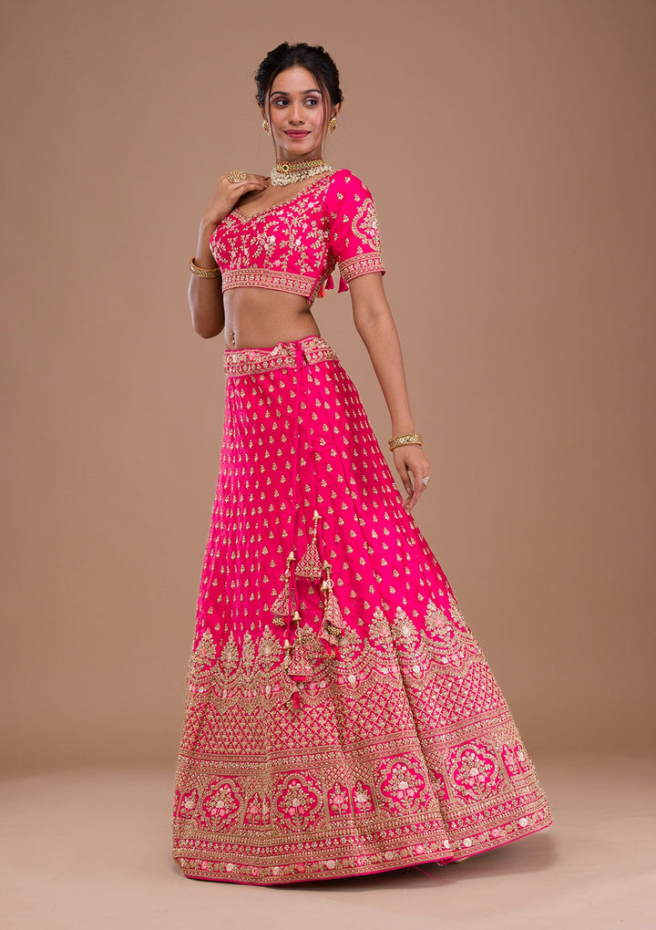 Rani Pink Zariwork Raw Silk Readymade Lehenga-Koskii