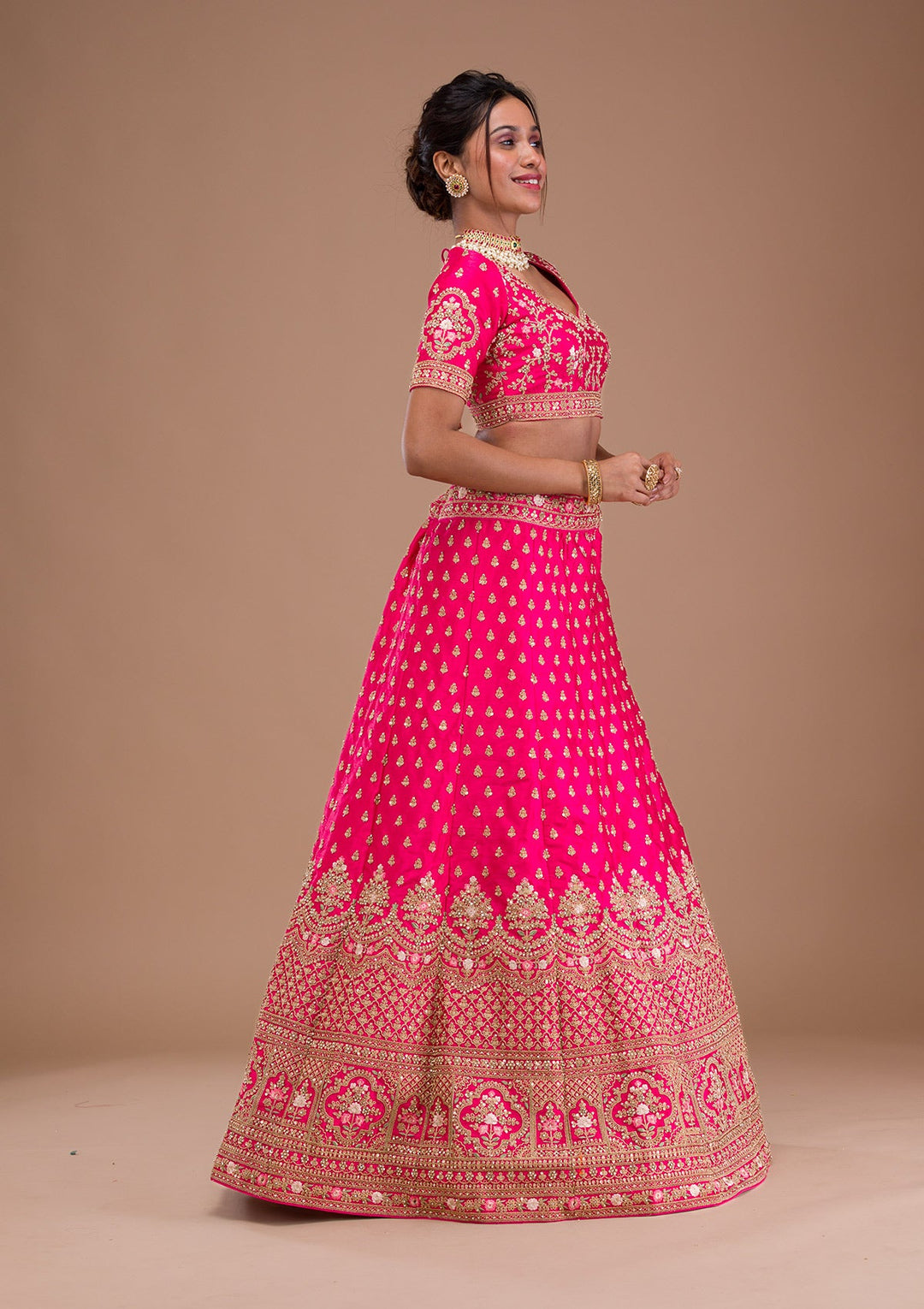 Rani Pink Zariwork Raw Silk Readymade Lehenga-Koskii