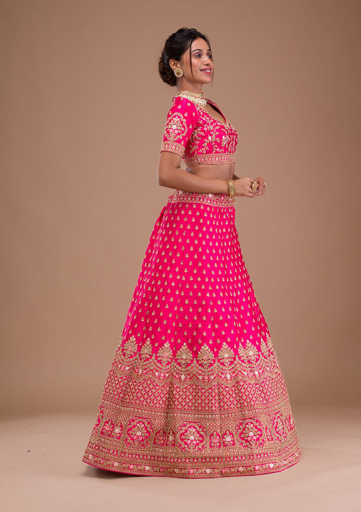 Rani Pink Zariwork Raw Silk Readymade Lehenga-Koskii