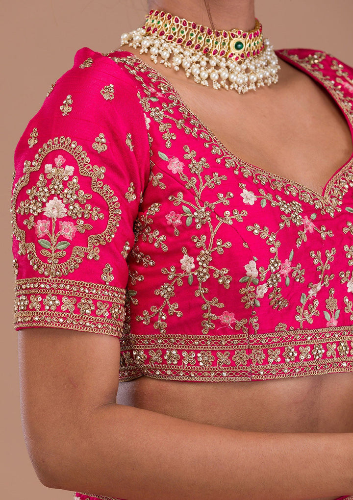 Rani Pink Zariwork Raw Silk Readymade Lehenga-Koskii
