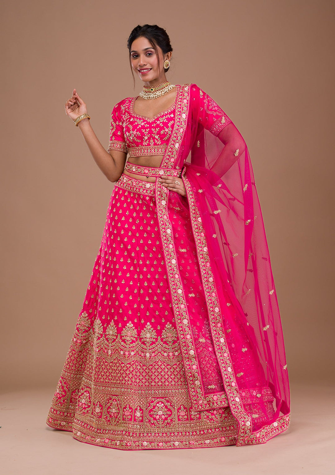 Rani Pink Zariwork Raw Silk Readymade Lehenga-Koskii