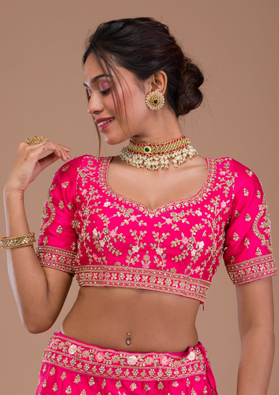 Rani Pink Zariwork Raw Silk Readymade Lehenga-Koskii