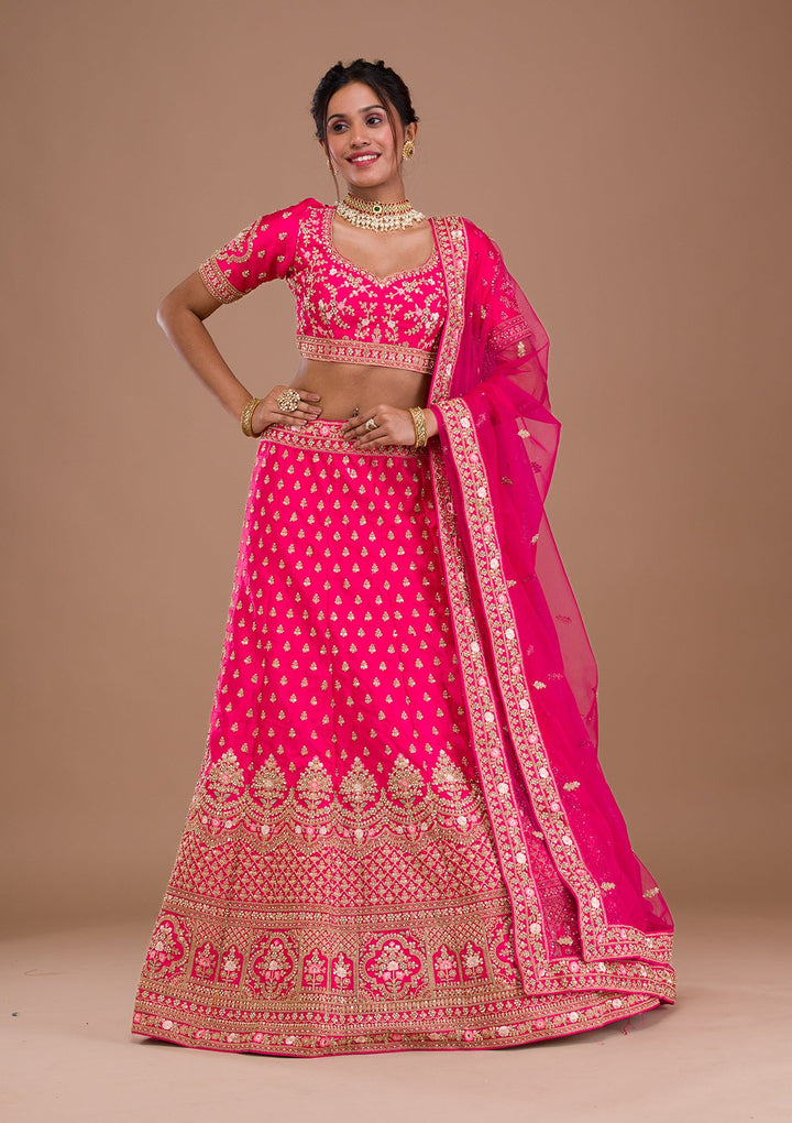 Rani Pink Zariwork Raw Silk Readymade Lehenga-Koskii