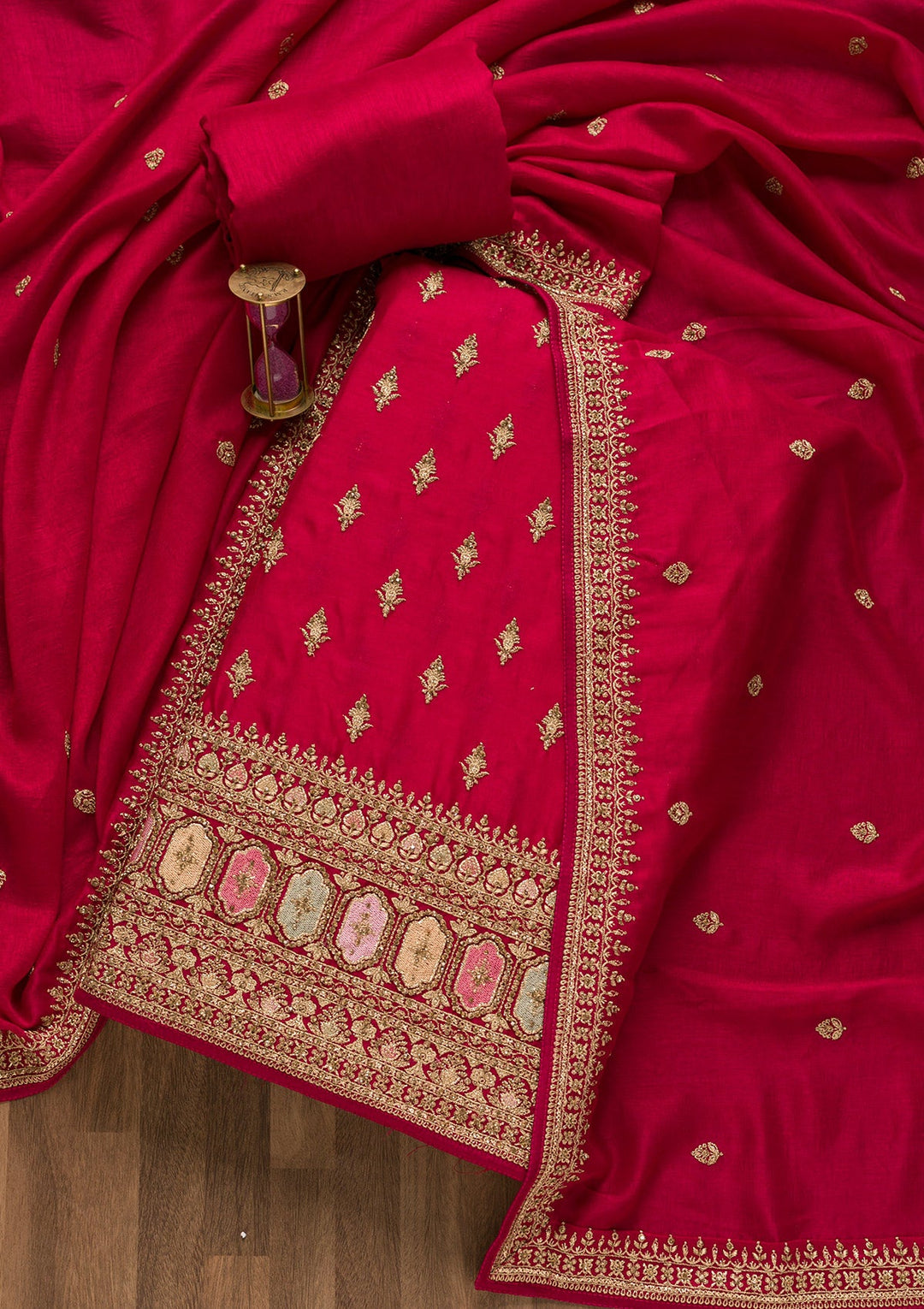 Rani Pink Zariwork Raw Silk Unstitched Salwar Suit-Koskii