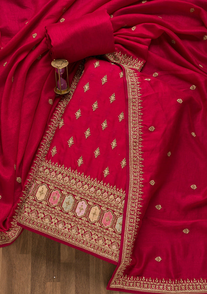 Rani Pink Zariwork Raw Silk Unstitched Salwar Suit-Koskii