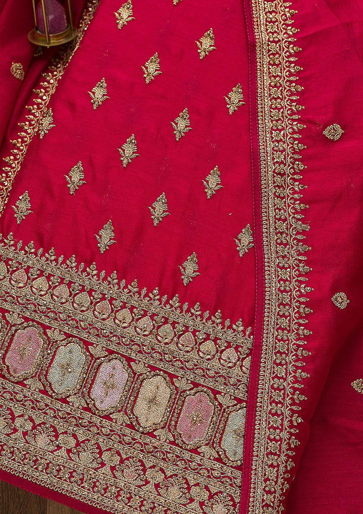 Rani Pink Zariwork Raw Silk Unstitched Salwar Suit-Koskii