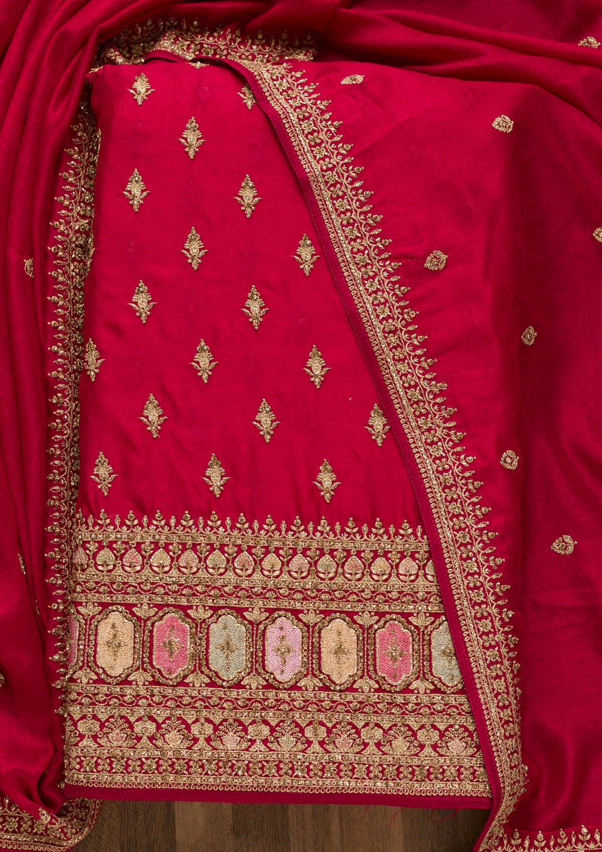 Rani Pink Zariwork Raw Silk Unstitched Salwar Suit-Koskii