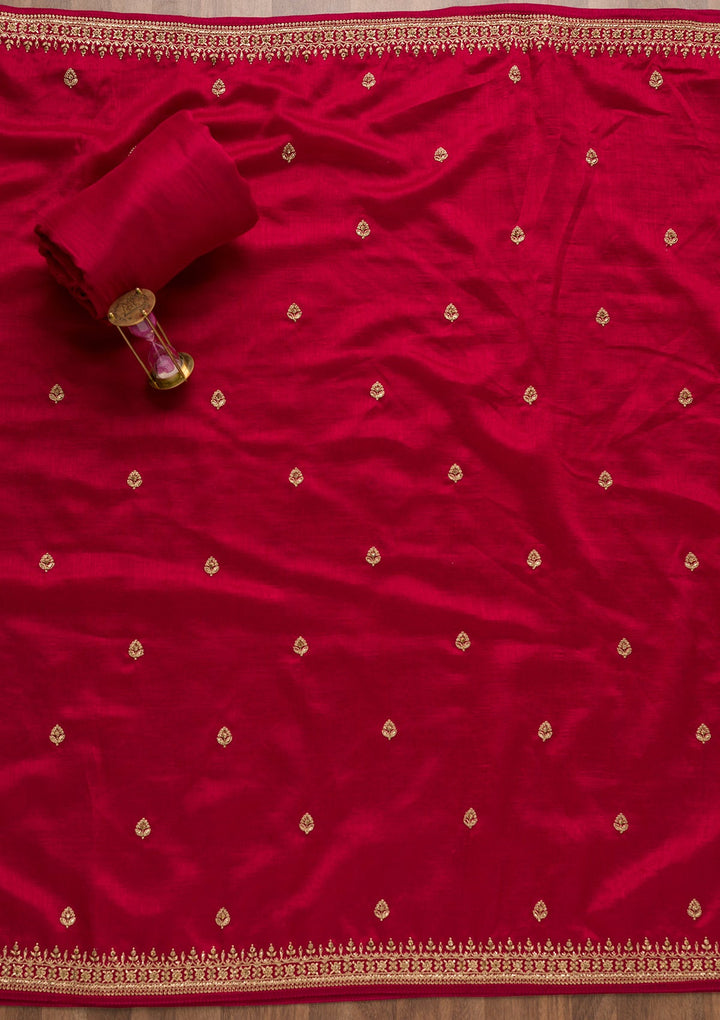 Rani Pink Zariwork Raw Silk Unstitched Salwar Suit-Koskii