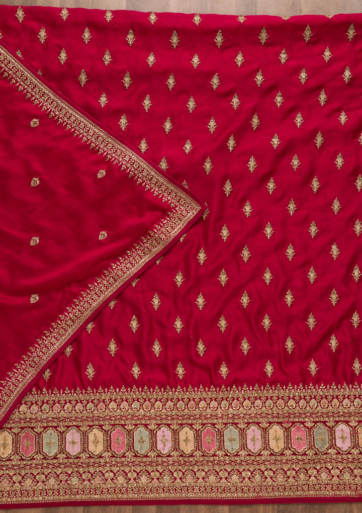 Rani Pink Zariwork Raw Silk Unstitched Salwar Suit-Koskii
