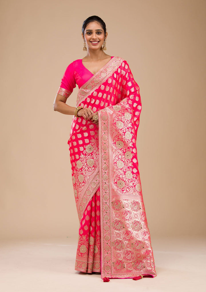 Rani Pink Zariwork Raw Silk Saree