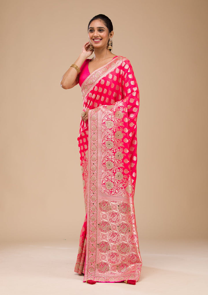Rani Pink Zariwork Raw Silk Saree