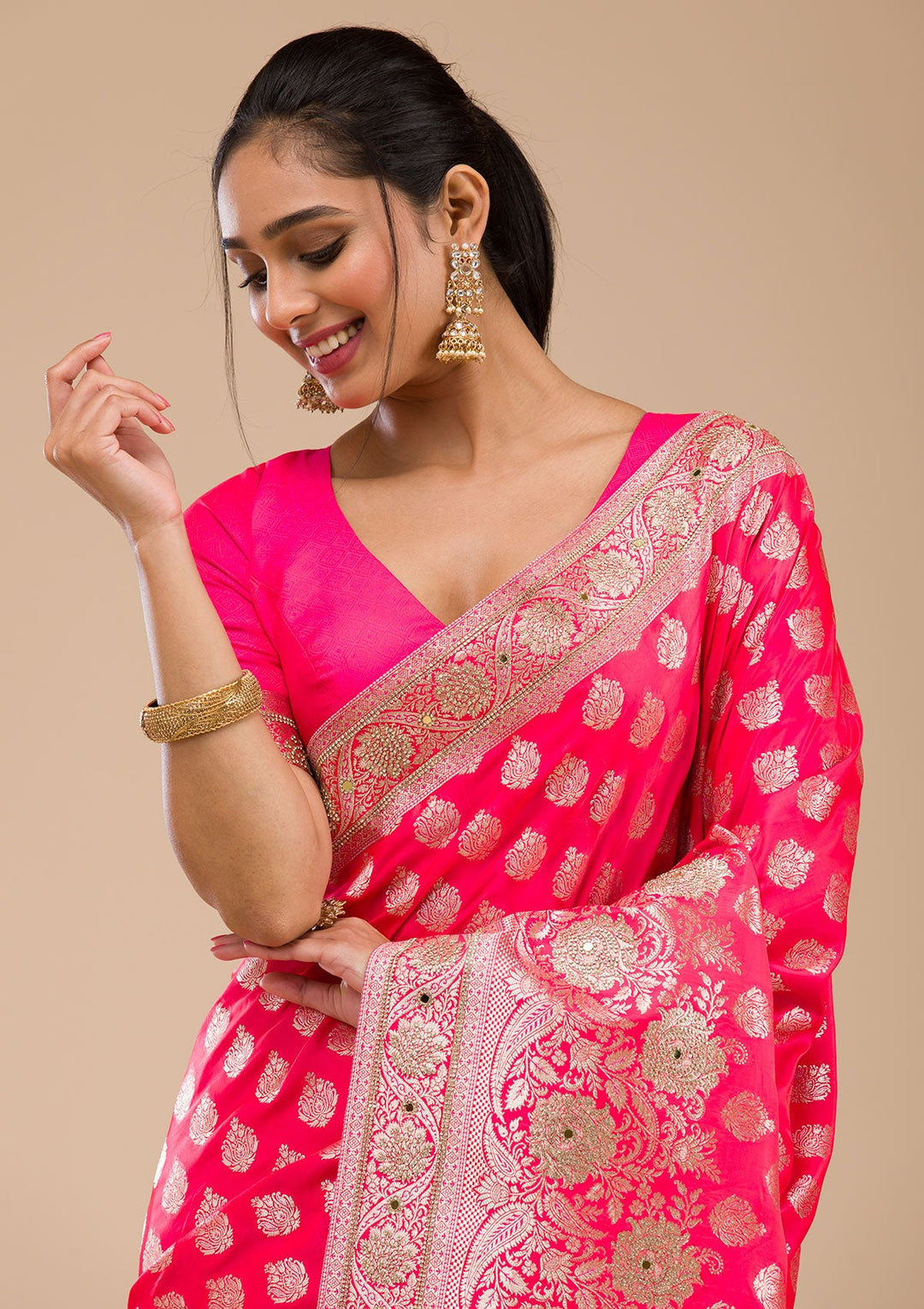 Rani Pink Zariwork Raw Silk Saree