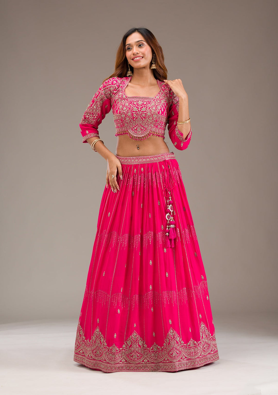 Rani Pink Zariwork Semi Crepe Readymade Lehenga