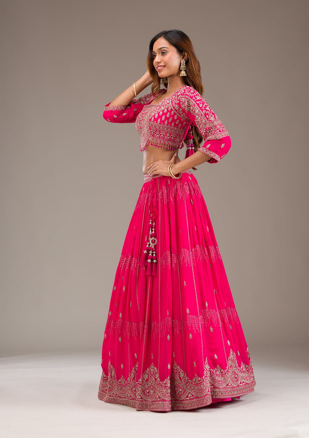 Rani Pink Zariwork Semi Crepe Readymade Lehenga