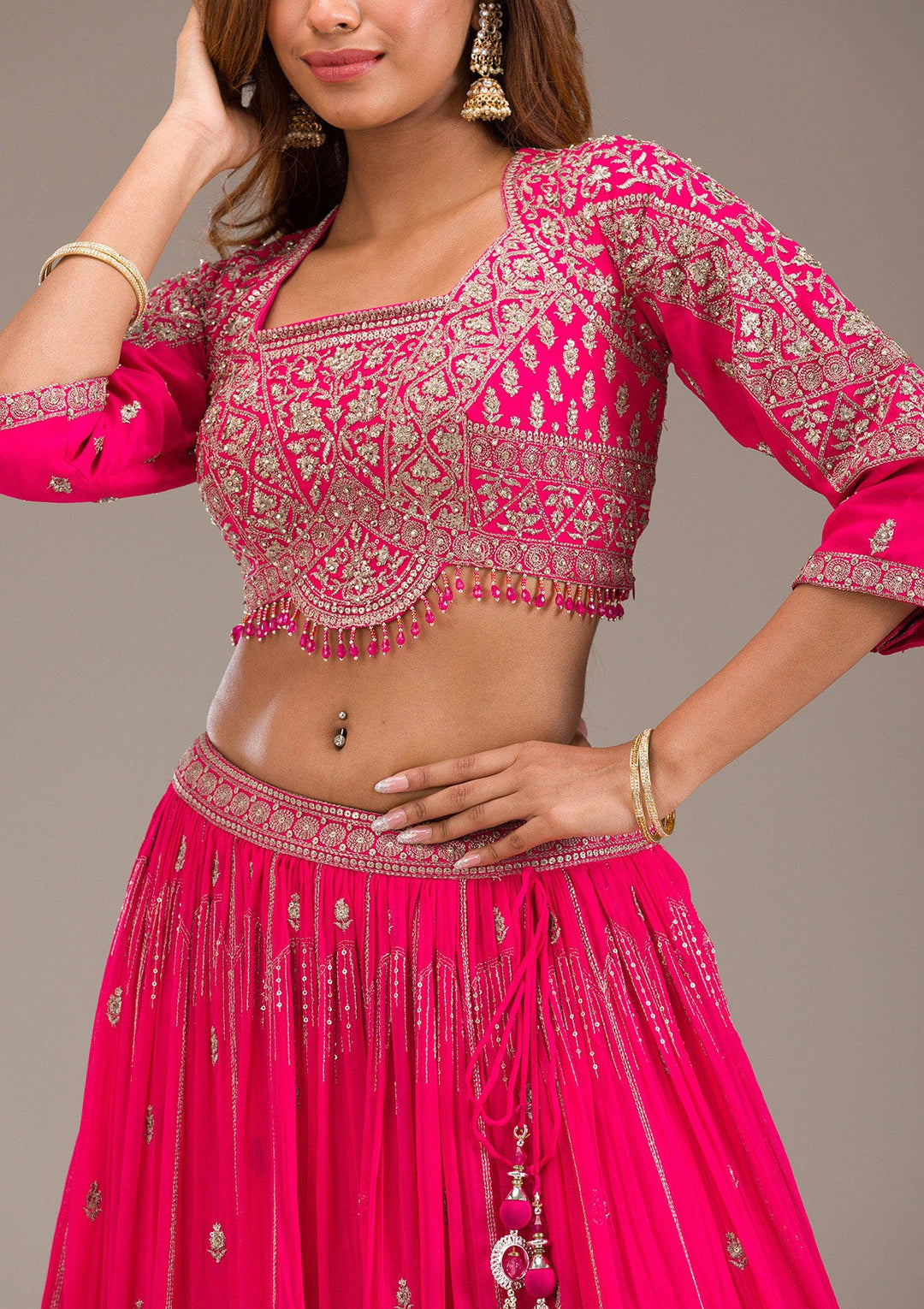 Rani Pink Zariwork Semi Crepe Readymade Lehenga