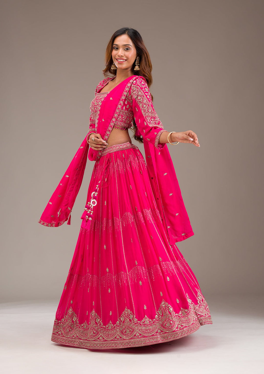 Rani Pink Zariwork Semi Crepe Readymade Lehenga