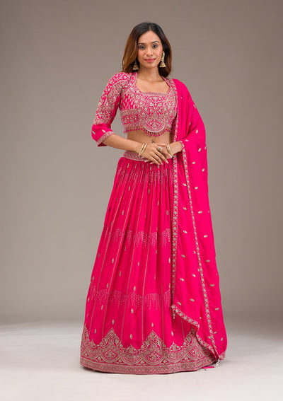 Rani Pink Zariwork Semi Crepe Readymade Lehenga-Koskii