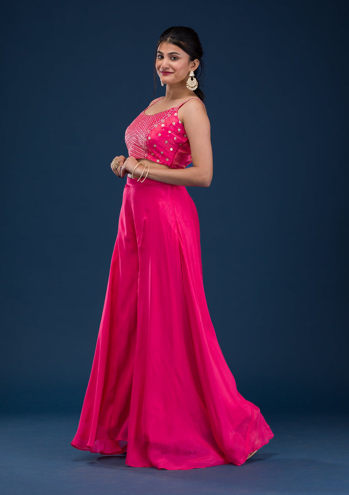 Rani Pink Zariwork Semi Crepe Readymade Salwar Suit-Koskii