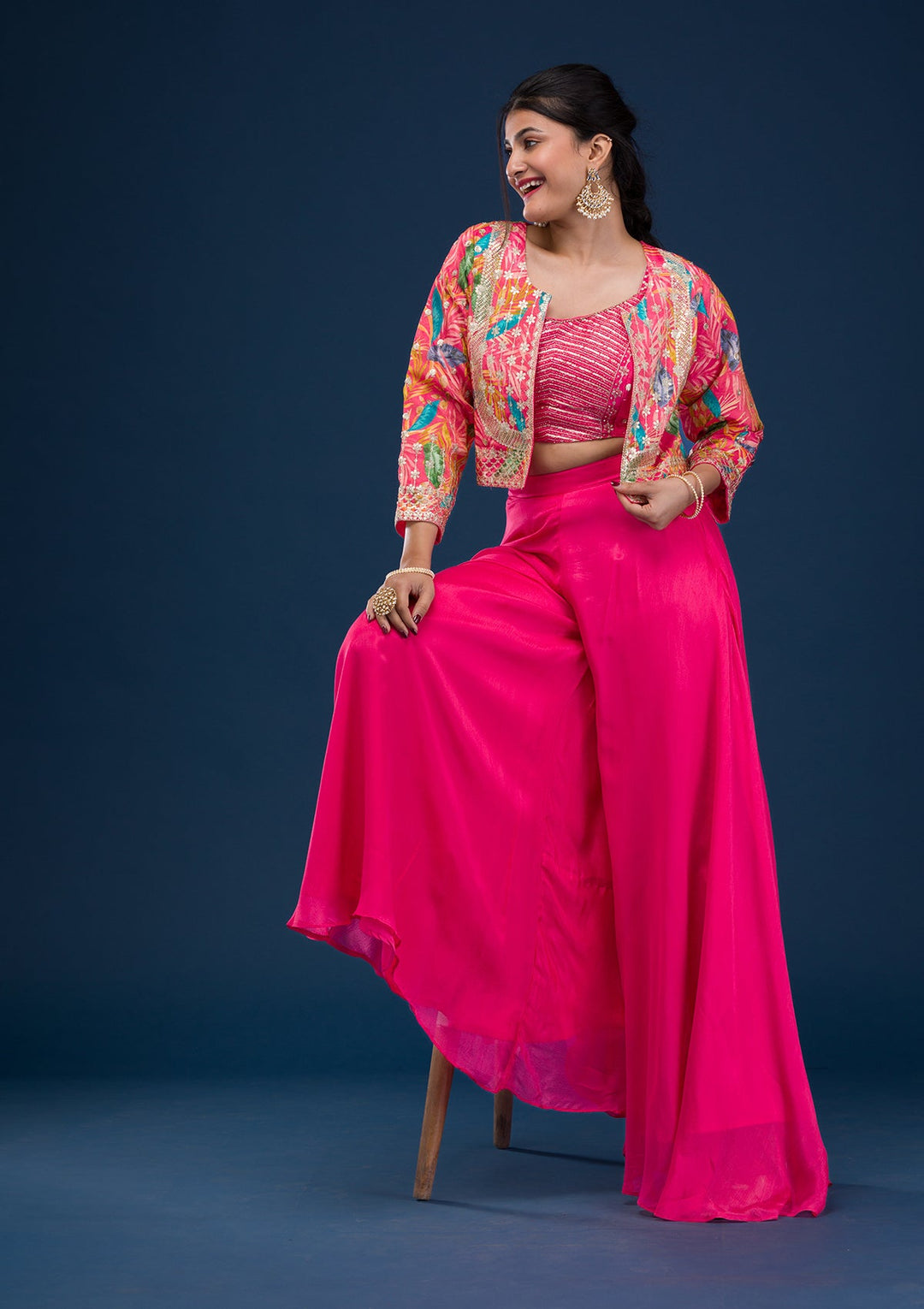 Rani Pink Zariwork Semi Crepe Readymade Salwar Suit-Koskii