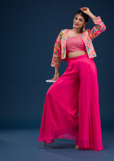 Rani Pink Zariwork Semi Crepe Readymade Salwar Suit-Koskii