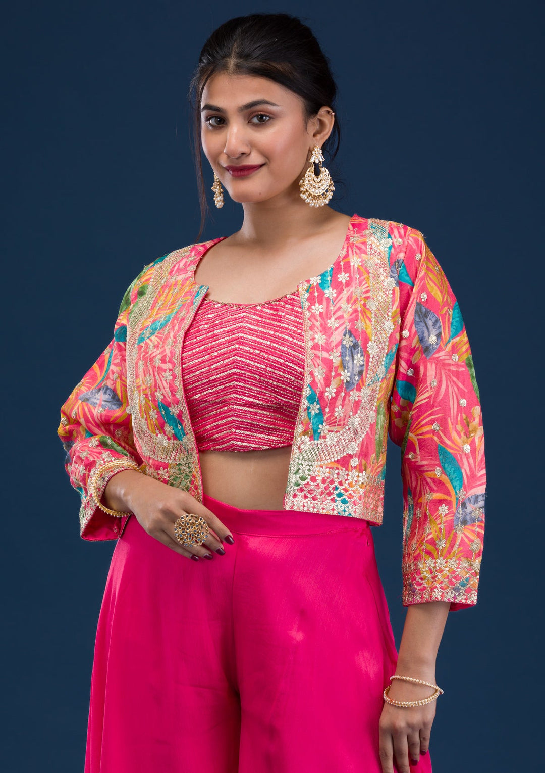 Rani Pink Zariwork Semi Crepe Readymade Salwar Suit-Koskii