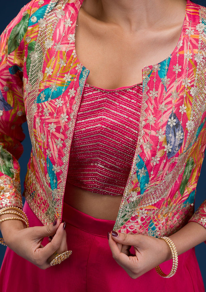 Rani Pink Zariwork Semi Crepe Readymade Salwar Suit-Koskii