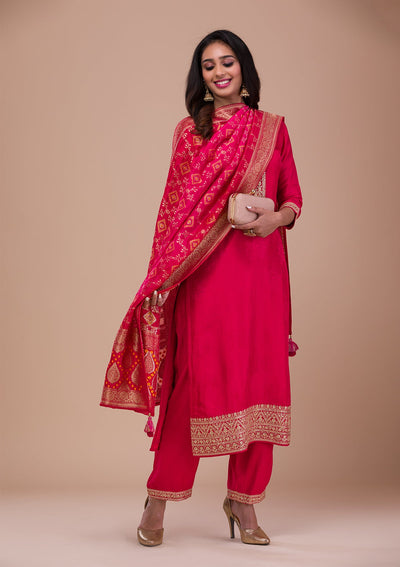 Rani Pink Zariwork Semi Crepe Readymade Sharara Kameez