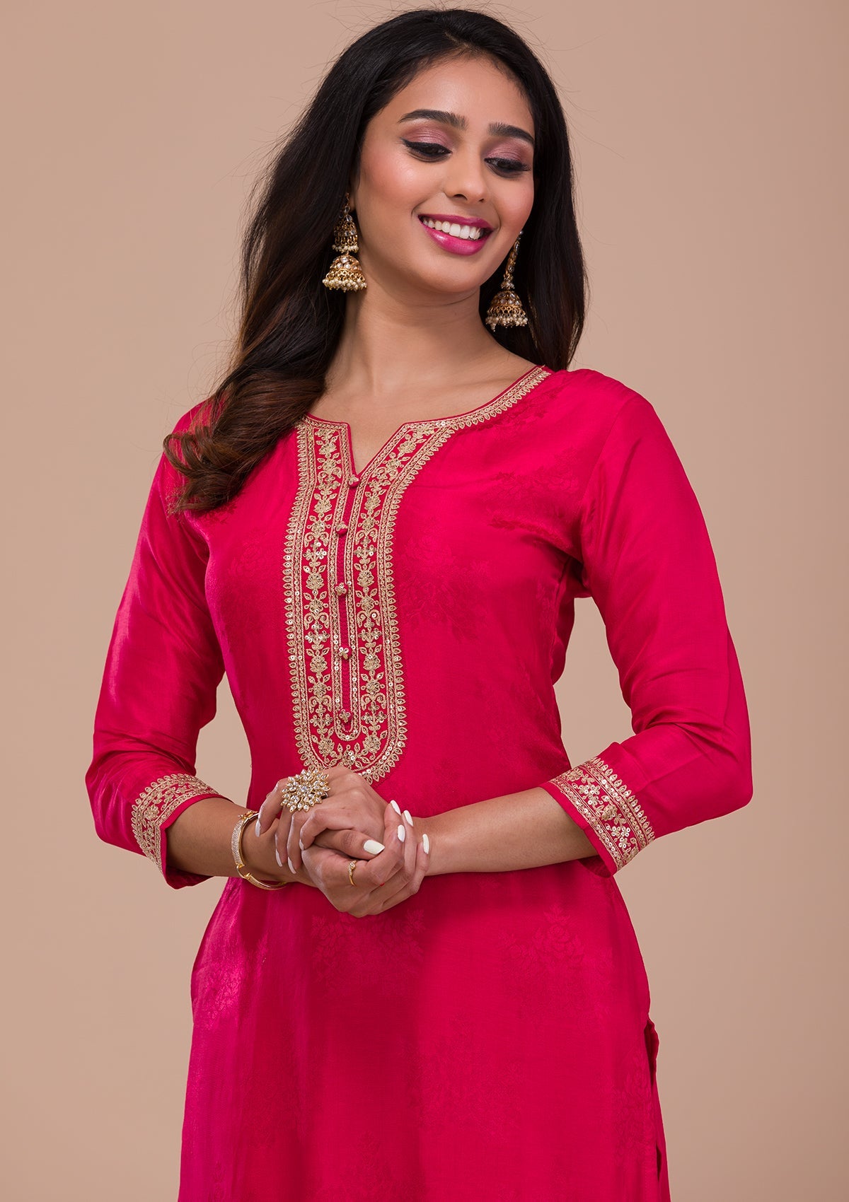 Rani Pink Zariwork Semi Crepe Readymade Sharara Kameez