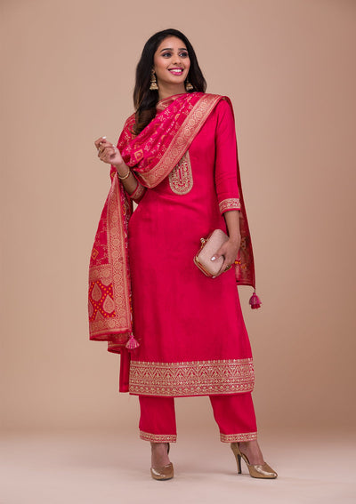 Rani Pink Zariwork Semi Crepe Readymade Sharara Kameez