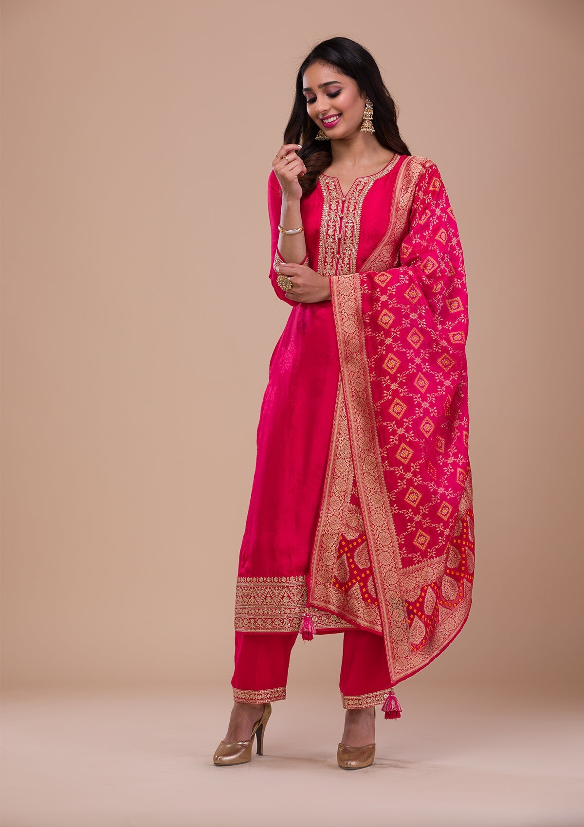 Rani Pink Zariwork Semi Crepe Readymade Sharara Kameez