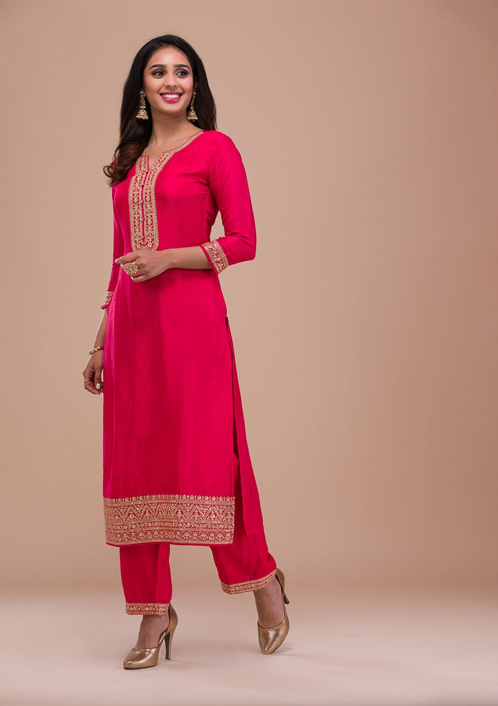 Rani Pink Zariwork Semi Crepe Readymade Sharara Kameez