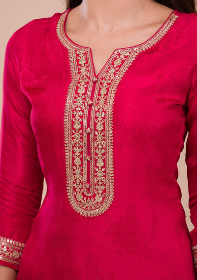 Rani Pink Zariwork Semi Crepe Readymade Sharara Kameez