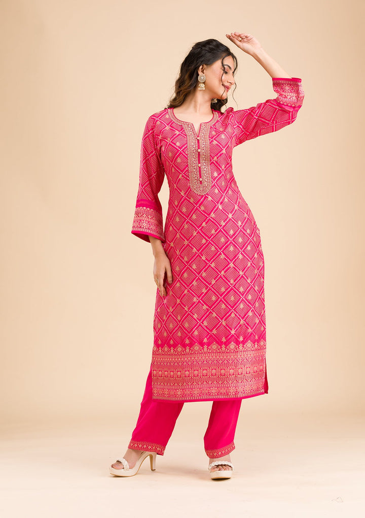 Rani Pink Zariwork Semi Crepe Readymade Salwar Kameez-Koskii
