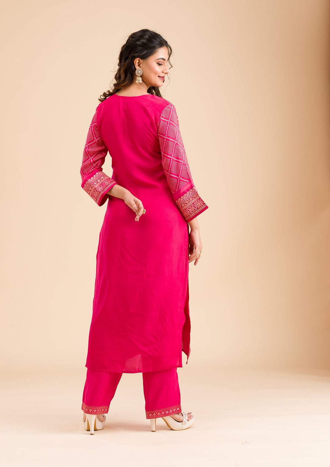 Rani Pink Zariwork Semi Crepe Readymade Salwar Kameez-Koskii