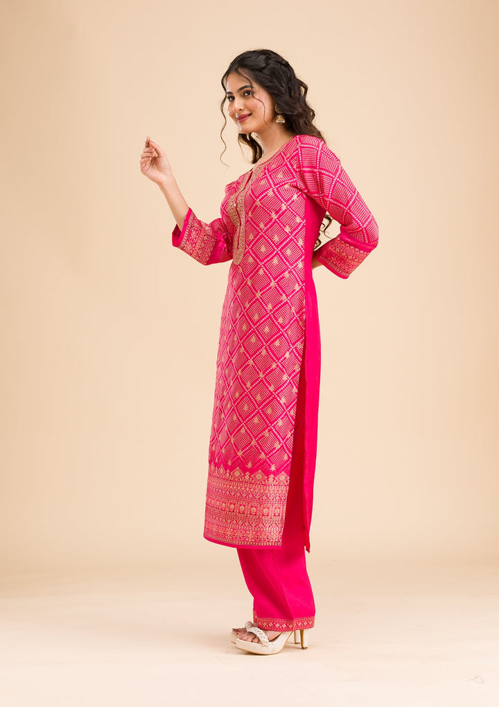 Rani Pink Zariwork Semi Crepe Readymade Salwar Kameez-Koskii